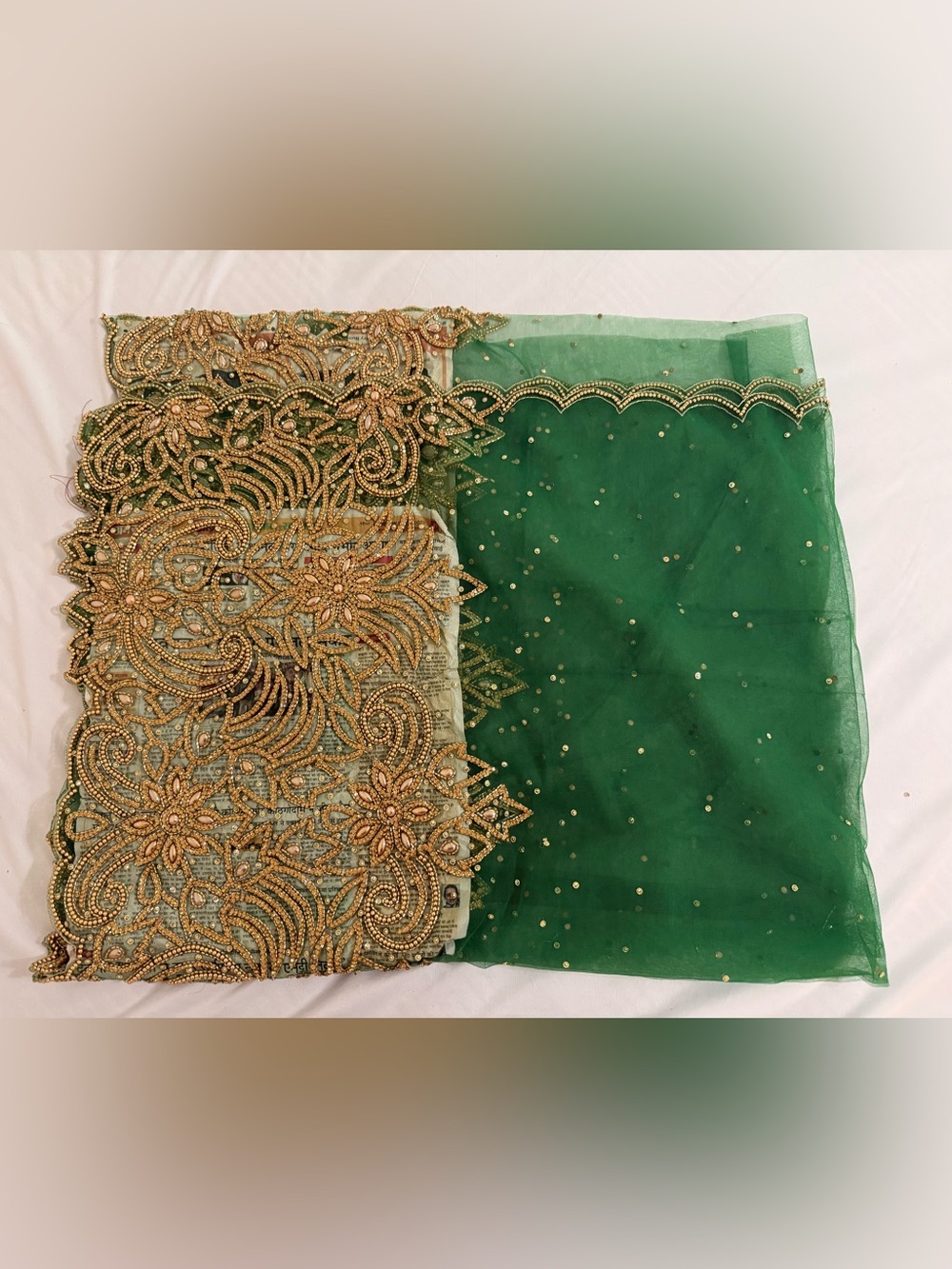 Green & gold embroidered net Lace, as a dupatta ornate metallic gold scalloped